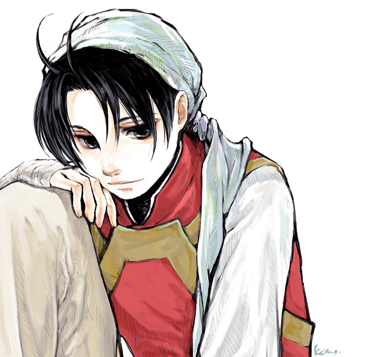 katsura (+araka), tir mcdohl, gensou suikoden, gensou suikoden i, 1boy, black eyes, black hair, male focus, simple background, solo