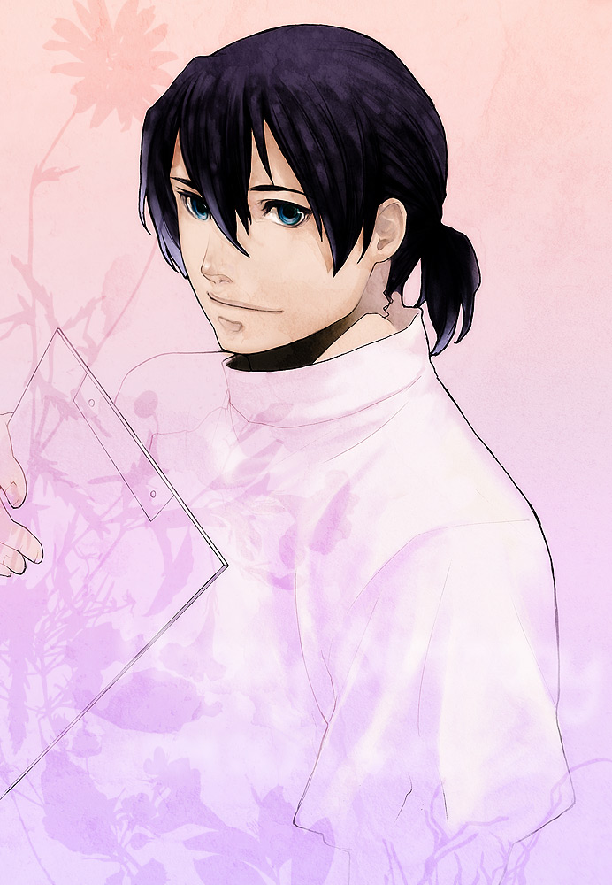 katsura (+araka), nataru shinmyou, tetsuwan birdy decode, 00s, 1boy, black hair, blue eyes, doctor, flower, gradient background, male focus, plant, ponytail, solo, upper body
