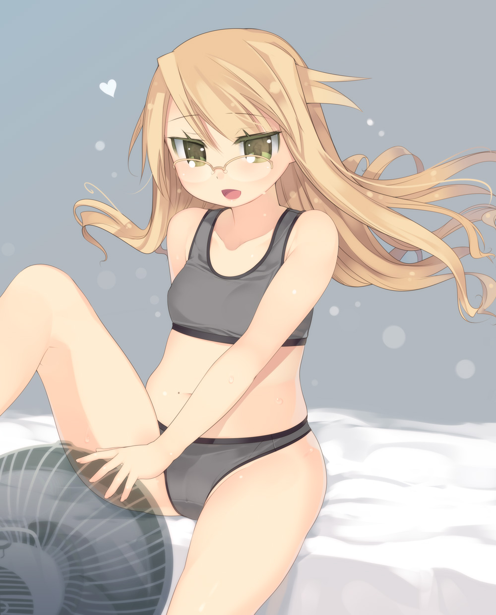 kashiwamochi yomogi, arima senka, original, bad id, bad pixiv id, highres, 1girl, blonde hair, fanning crotch, female focus, flat chest, glasses, green eyes, hand fan, heart, panties, solo, sports bra, sweat, underwear, underwear only