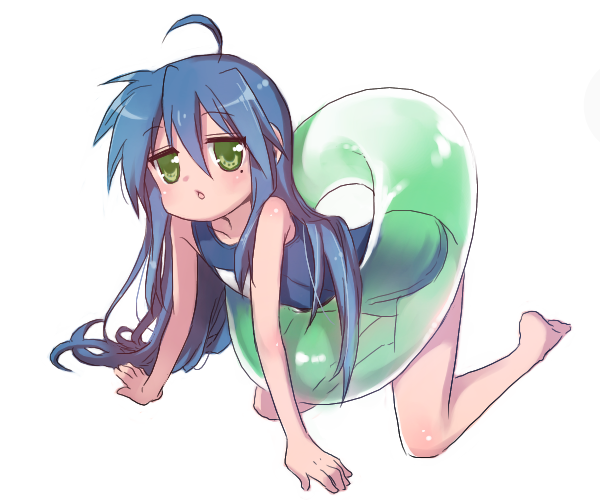manle, izumi konata, lucky star, bad id, bad pixiv id, 00s, 1girl, ahoge, all fours, barefoot, blue hair, female focus, green eyes, innertube, long hair, mole, mole under eye, one-piece swimsuit, school swimsuit, solo, swim ring, swimsuit