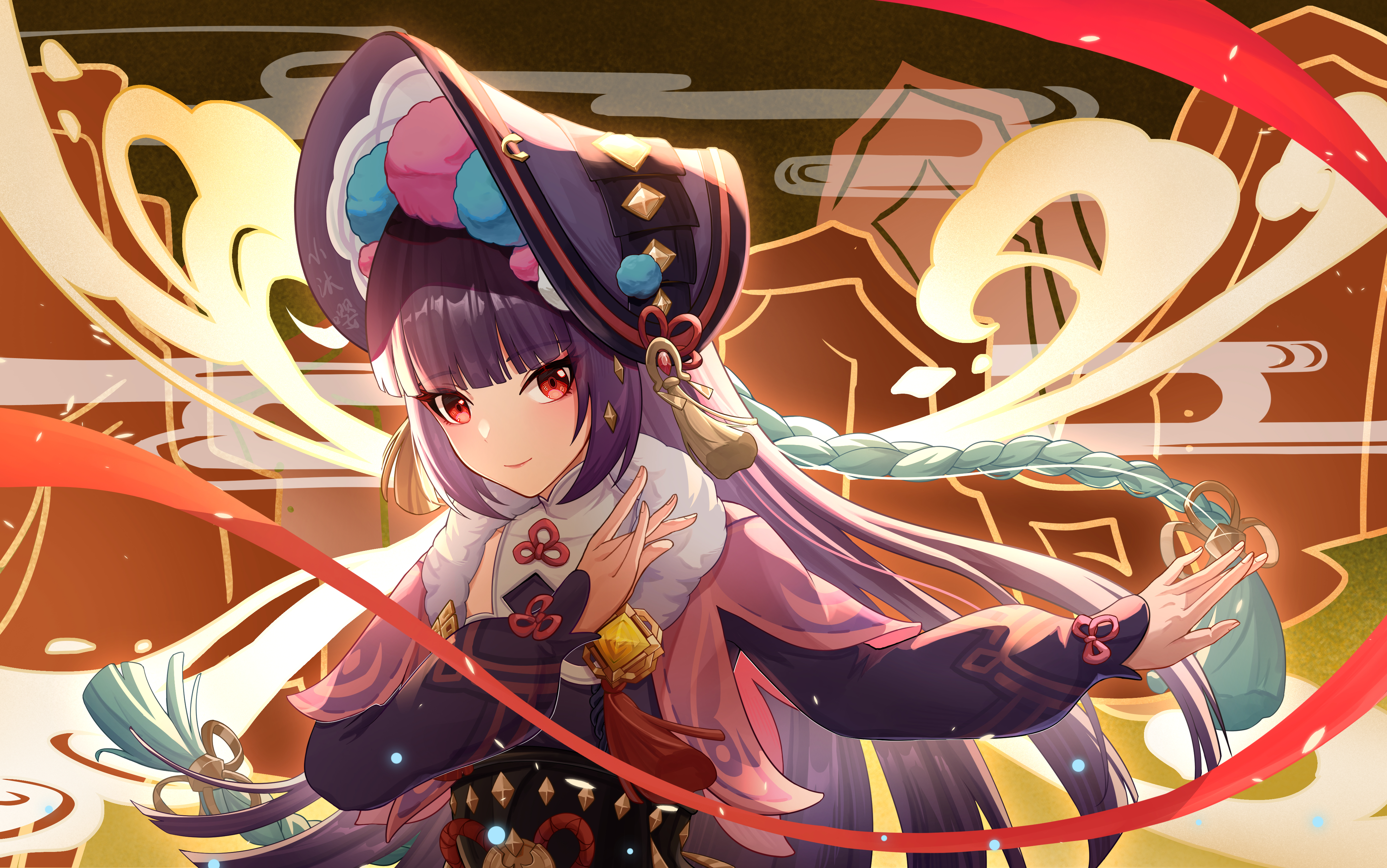 xiaomuying, yun jin (genshin impact), genshin impact, absurdres, commentary request, highres, 1girl, black hair, blunt bangs, bonnet, capelet, chinese clothes, dress, hair ornament, hand up, hat, long hair, long sleeves, looking at viewer, makeup, purple hair, red eyes, smile, solo, tassel
