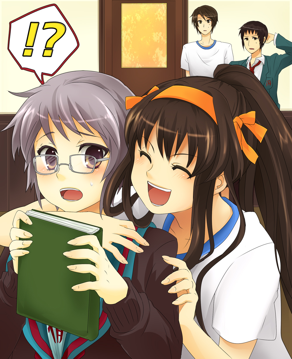 eringi oishii, koizumi itsuki, kyon, nagato yuki, suzumiya haruhi, suzumiya haruhi no shoushitsu, suzumiya haruhi no yuuutsu, bad id, bad pixiv id, highres, !?, 00s, 10s, 2boys, 2girls, alternate costume, alternate hairstyle, blouse, book, brown eyes, brown hair, closed eyes, glasses, grey hair, gym uniform, hairband, long hair, multiple boys, multiple girls, official alternate hair length, official alternate hairstyle, ponytail, school uniform, serafuku, shirt, short hair, surprised, white shirt