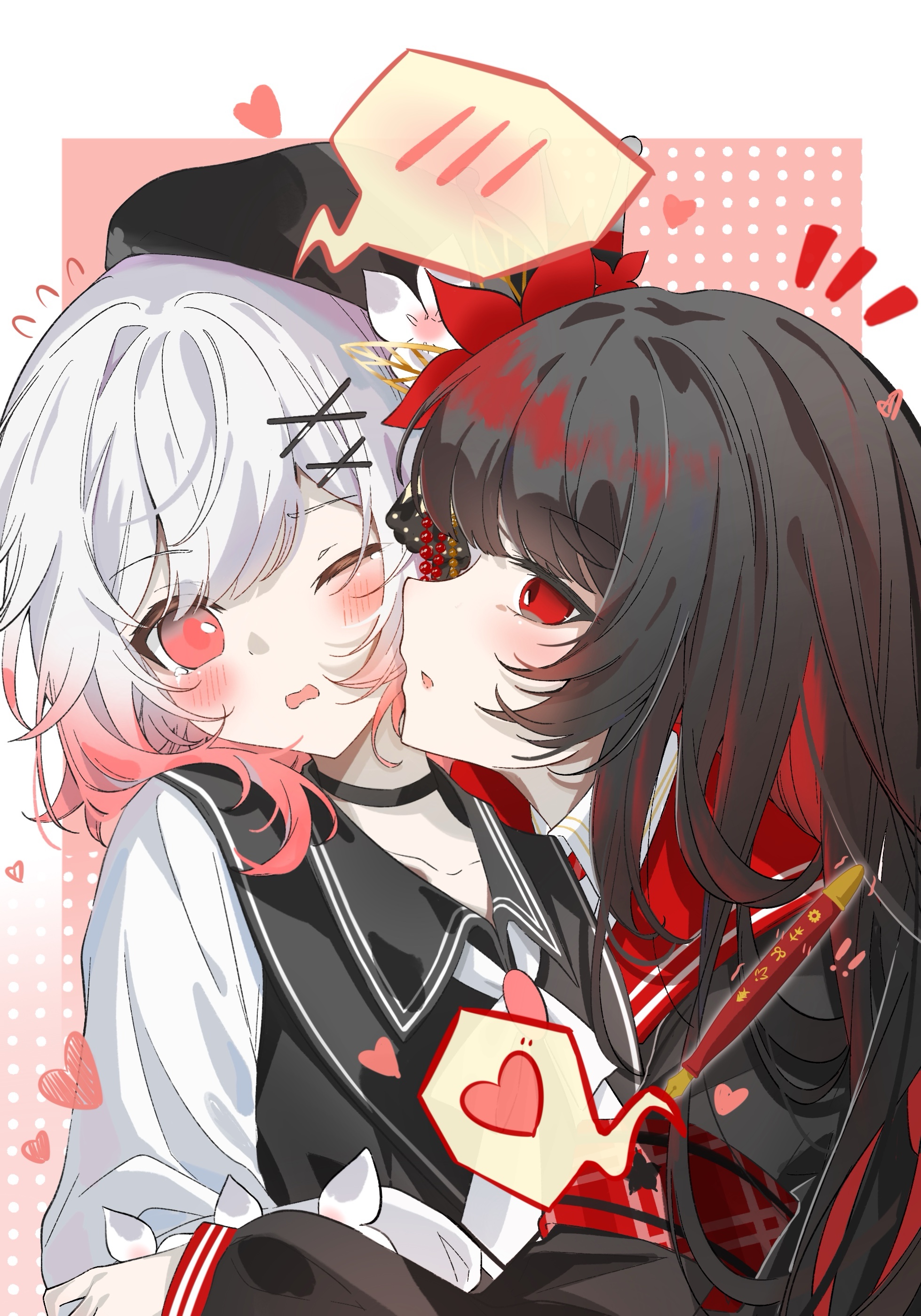 nikaido hiro, sakuraba ema, mahou shoujo no majo saiban, absurdres, chinese commentary, commentary request, highres, 2girls, black choker, black hair, black shirt, blush, border, choker, cucumer, flower, heart, long hair, long sleeves, multicolored hair, multiple girls, notice lines, one eye closed, open mouth, pen, pink background, red eyes, red flower, shirt, short hair, spoken blush, upper body, white border, yuri