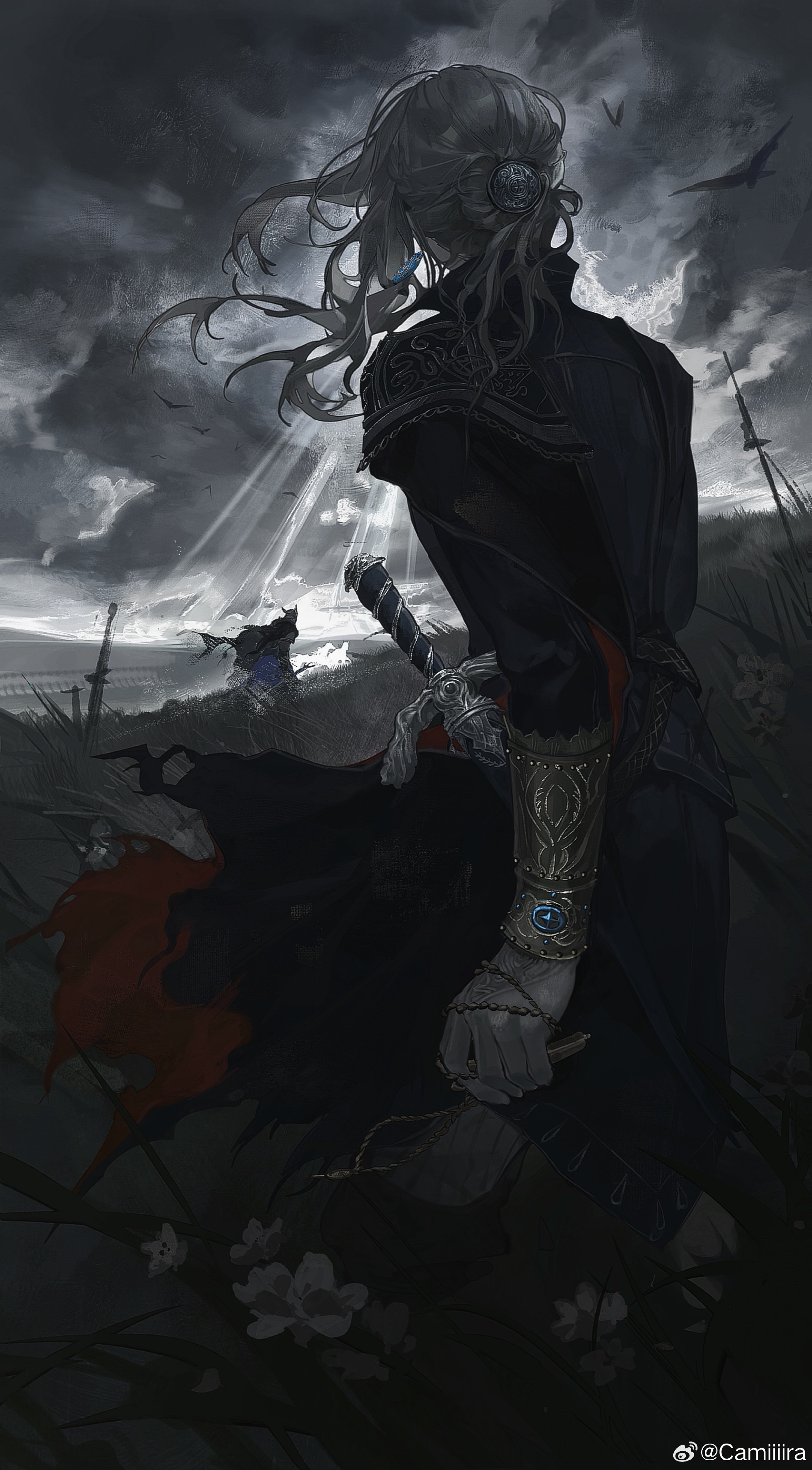 ramiica, duchess (elden ring), wylder (elden ring), elden ring, elden ring nightreign, absurdres, chinese commentary, commentary request, highres, 1boy, 1girl, bird, cloud, dark cloud, earrings, floating hair, from behind, full body, gloves, grass, grey gloves, hair bun, holding, holding pocket watch, jewelry, long hair, long sleeves, looking ahead, muted color, overcast, pocket watch, scabbard, sheath, sheathed, sky, standing, surcoat, sword, torn clothes, vambraces, watch, watermark, weapon, weibo watermark, wind