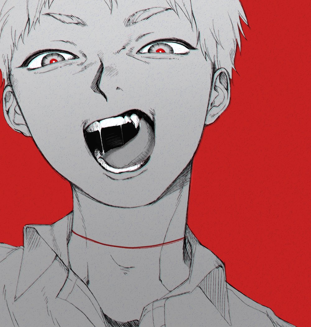 indou hikaru, hikaru ga shinda natsu, hashtag-only commentary, 1boy, collared shirt, fang, looking at viewer, male focus, master master01, portrait, red background, red pupils, saliva, scar, scar on neck, shirt, short hair, simple background, solo, spot color, teeth, tongue