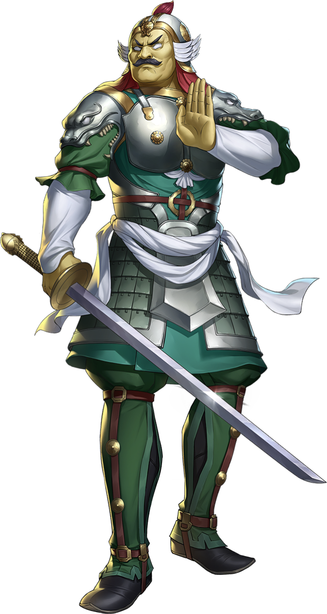 persona, persona 5, persona 5: the phantom x, shin megami tensei, artist request, highres, official art, third-party source, 1boy, armor, black hair, blank eyes, colored skin, demon (megami tensei), facial hair, helmet, holding, holding sword, holding weapon, jikokuten (megami tensei), mustache, solo, sword, transparent background, weapon, yellow skin