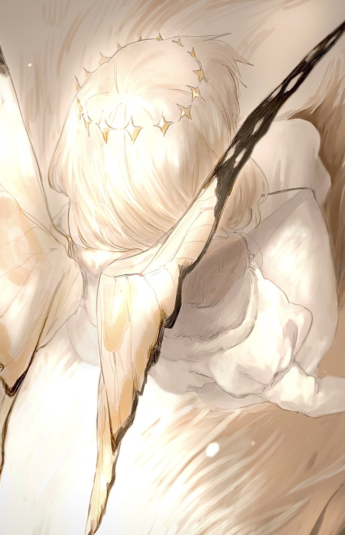 azi pra, oberon (fate), oberon (second ascension) (fate), fate/grand order, fate (series), commentary request, highres, 1boy, butterfly wings, circlet, from above, insect wings, juliet sleeves, long sleeves, looking ahead, male focus, monochrome, puffy sleeves, robe, short hair, solo, white robe, wings