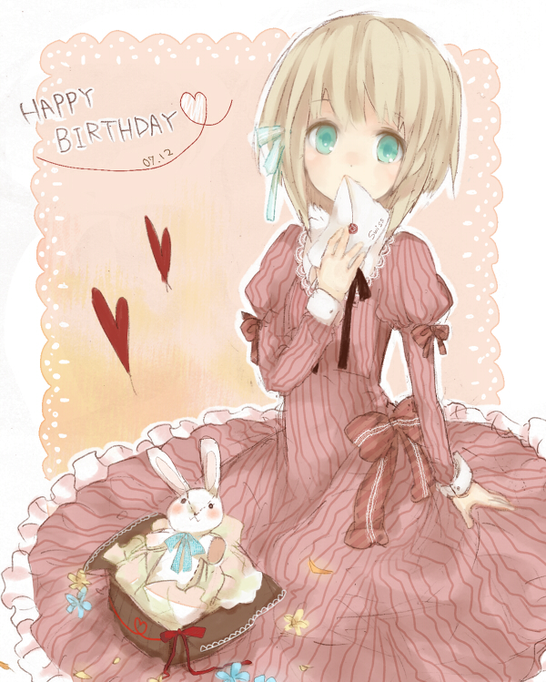 mikanniro, liechtenstein (hetalia), axis powers hetalia, bad id, bad pixiv id, 00s, 1girl, aqua eyes, blonde hair, dress, female focus, letter, short hair, solo, stuffed animal, stuffed rabbit, stuffed toy