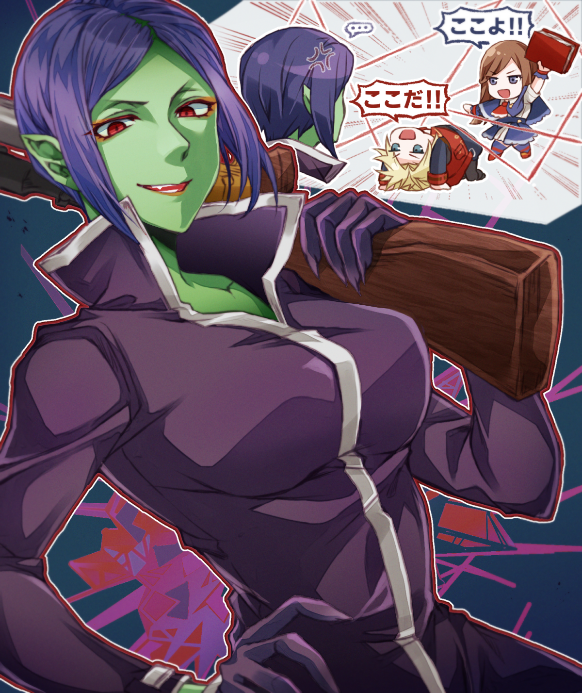 user pjdc3332, charlotte aulin, jonathan morris, lerajie, castlevania: portrait of ruin, castlevania (series), commentary request, highres, …, 1boy, 2girls, anger vein, blonde hair, blue background, blue eyes, blue thighhighs, bodysuit, book, breasts, brown hair, chibi, claws, coat, colored skin, evil smile, green skin, gun, holding, holding book, holding gun, holding weapon, long hair, looking at viewer, medium breasts, monster girl, multiple girls, musket, pointy ears, purple hair, red coat, red eyes, red shoes, shoes, short hair, smile, thighhighs, weapon