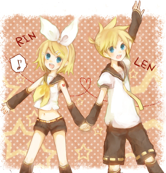 mikanniro, kagamine len, kagamine rin, vocaloid, bad id, bad pixiv id, 1boy, 1girl, blonde hair, blue eyes, brother and sister, detached sleeves, hair ornament, hair ribbon, hairclip, hetero, holding hands, midriff, ribbon, short hair, shorts, siblings, twins