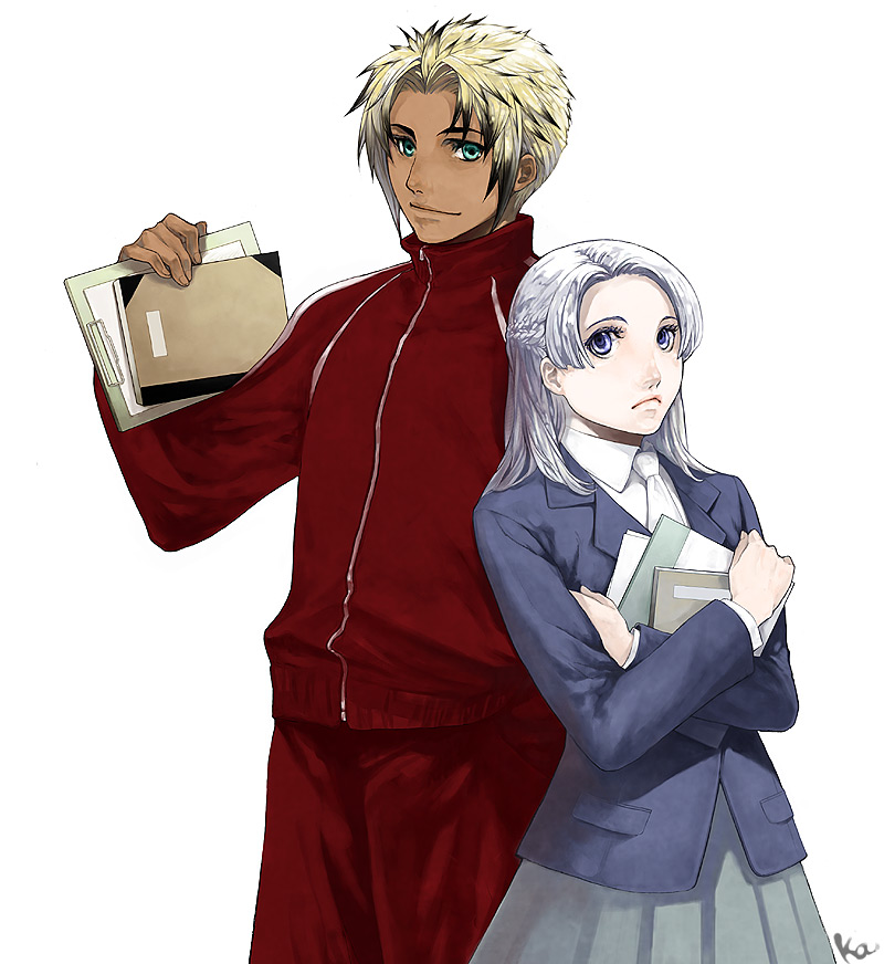 katsura (+araka), chris lightfellow, hugo (suikoden iii), gensou suikoden, gensou suikoden iii, silver hair, 1boy, 1girl, aqua eyes, blonde hair, blue eyes, book, dark-skinned male, dark skin, long hair, school uniform, simple background, skirt, white background