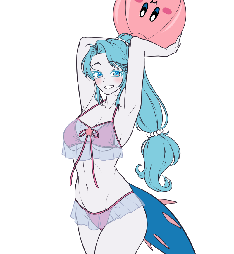 kirby otaku, kirby, primarina, kirby (series), nintendo, pokemon, commentary, english commentary, 1girl, armpits, arms up, ball, beachball, bikini, blue eyes, blue hair, breasts, cowboy shot, frilled bikini, frills, gen 7 pokemon, grin, holding, holding ball, holding beachball, large breasts, long hair, looking at viewer, navel, pale skin, pearl hair ornament, personification, pink bikini, simple background, smile, solo, swimsuit, transparent background