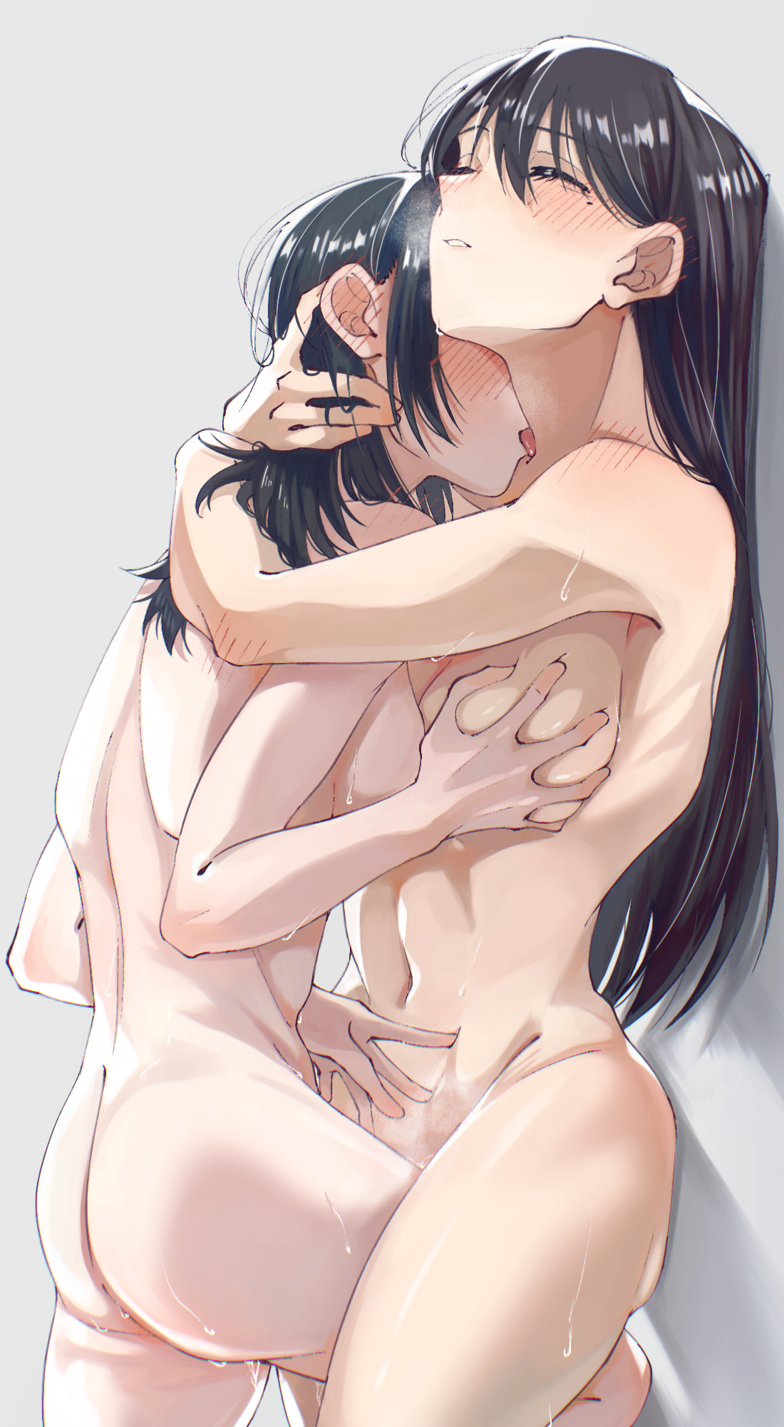 doki (oox3o), shiina taki, yahata umiri, bang dream!, bang dream! it's mygo!!!!!, commentary, highres, 2girls, black hair, blush, breasts, closed eyes, grey background, groping, hair between eyes, hug, large breasts, leg between thighs, licking, licking another's neck, long hair, medium hair, mole, mole under eye, multiple girls, navel, nude, open mouth, sweat, yuri