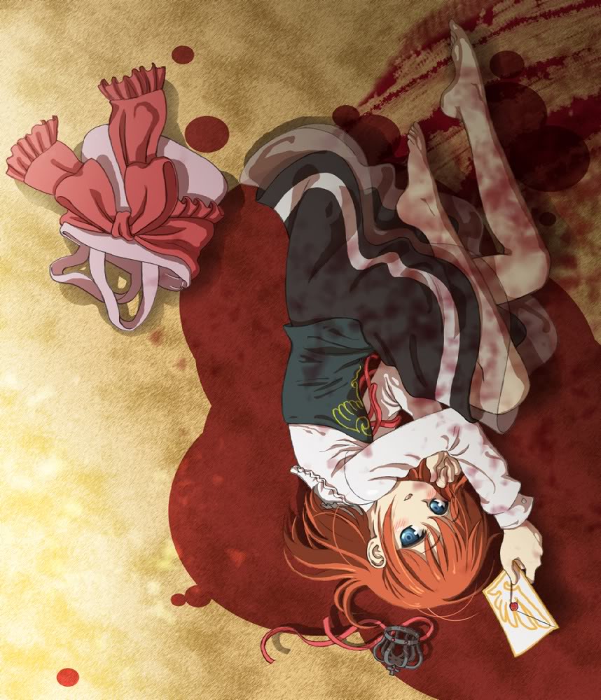 konoe (vis9191), ushiromiya maria, umineko no naku koro ni, 00s, 1girl, bag, blood, blue eyes, blush, crown, dress, envelope, female focus, orange hair, ribbon, solo