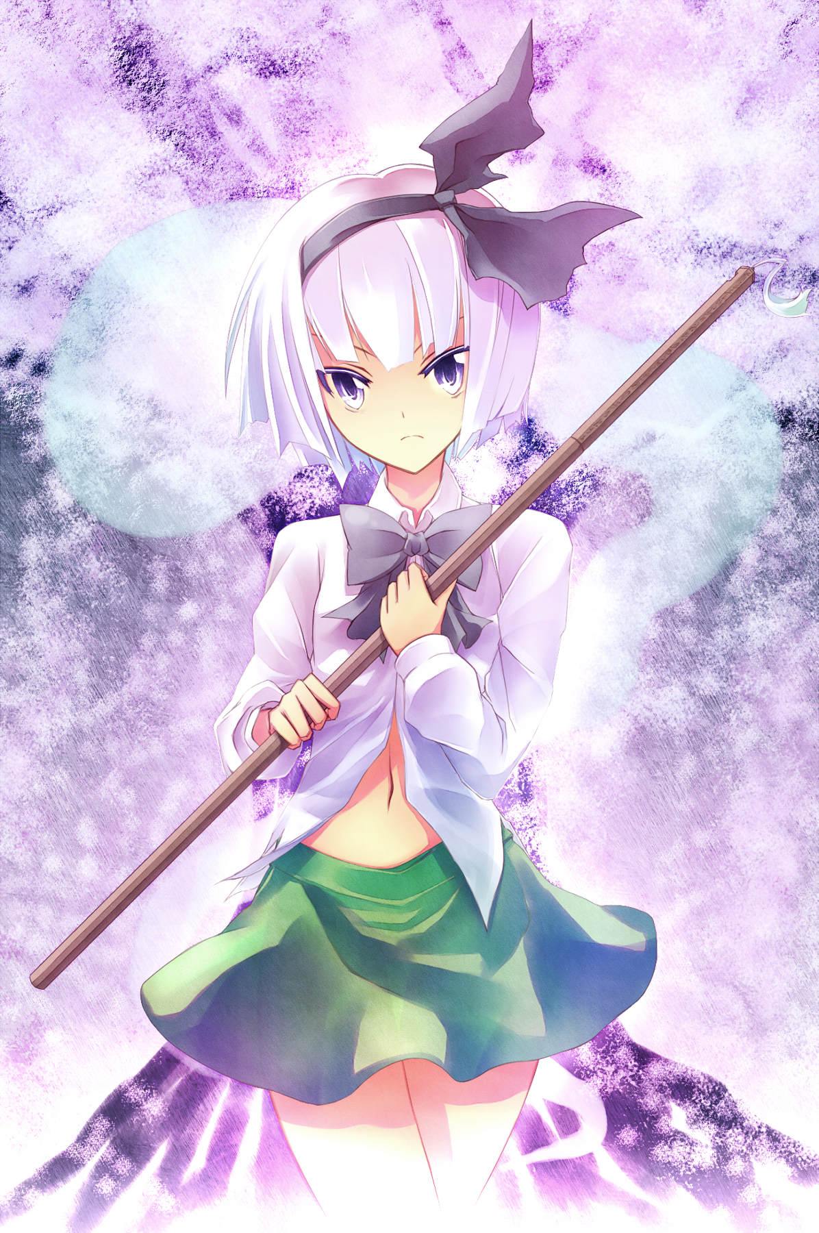 otogi kyouka, konpaku youmu, konpaku youmu (ghost), touhou, silver hair, highres, 1girl, bob cut, colored eyelashes, eyelashes, female focus, ghost, hairband, hitodama, midriff, navel, serious, short hair, solo