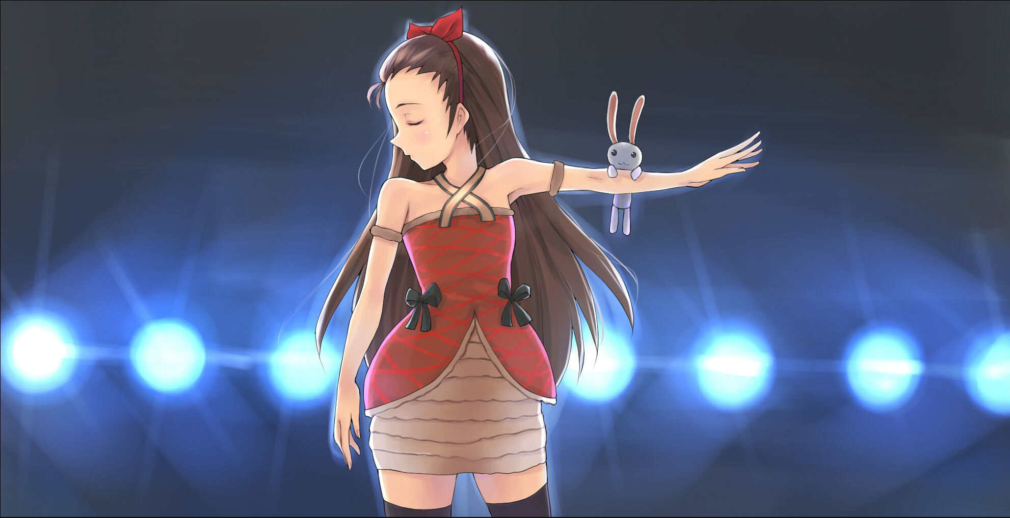 yuki usagi (mofurafu), minase iori, idolmaster, idolmaster (classic), bad id, bad pixiv id, highres, 00s, 1girl, :3, backlighting, bare shoulders, black thighhighs, bow, brown hair, closed eyes, cute & girly (idolmaster), female focus, hair bow, long hair, profile, rabbit, ribbon, solo, spotlight, stage, stage lights, standing, thighhighs, zettai ryouiki