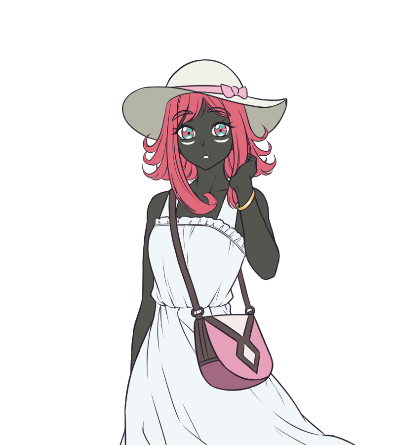 kirby otaku, tapu lele, nintendo, pokemon, commentary, english commentary, 1girl, bag, bangle, black skin, bow, bracelet, breasts, colored skin, cowboy shot, dress, expressionless, flipped hair, gen 7 pokemon, handbag, hat, hat bow, jewelry, legendary pokemon, looking at viewer, parted lips, personification, pink bow, pink hair, short hair, simple background, small breasts, solo, sun hat, sundress, transparent background, white dress, white hat