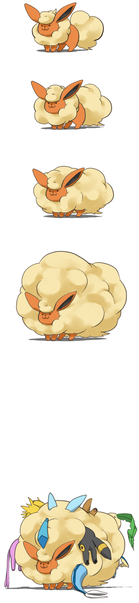 yoshikawa mo, eevee, espeon, flareon, glaceon, jolteon, leafeon, umbreon, vaporeon, nintendo, pokemon, bad id, bad pixiv id, highres, long image, tall image, :3, comic, evolution, evolutionary line, fluffy, gattai, gen 1 pokemon, gen 2 pokemon, gen 4 pokemon, no humans, pokemon (creature), silent comic, tail