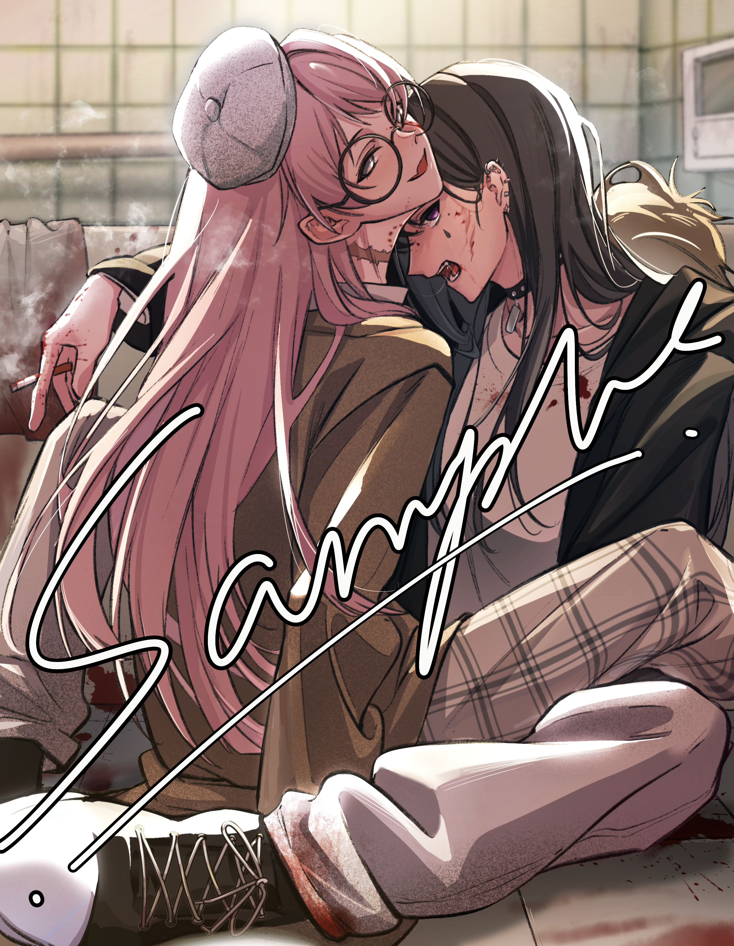 hero45439083942, chihaya anon, shiina taki, bang dream!, bang dream! it's mygo!!!!!, absurdres, chinese commentary, commentary request, highres, 2girls, bite mark, bite mark on neck, black choker, black hair, blood, blood on hands, choker, cigar, ear piercing, fang, grey eyes, grey hat, grey pants, hat, long hair, looking at viewer, multiple girls, pants, piercing, pink hair, purple eyes, sample watermark, sitting, skin fang, strangulation mark, watermark, yuri