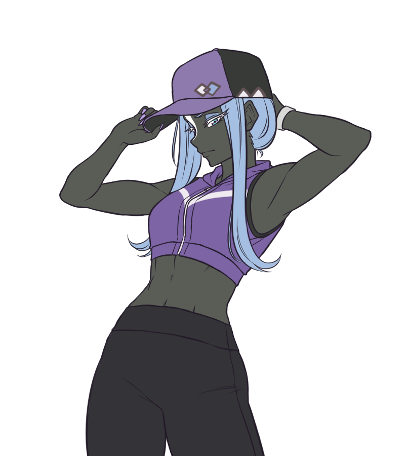 kirby otaku, tapu fini, nintendo, pokemon, commentary, english commentary, 1girl, adjusting clothes, adjusting headwear, baseball cap, black hat, black pants, blue eyes, blue hair, closed mouth, colored skin, cowboy shot, expressionless, fingernails, gen 7 pokemon, grey skin, hat, legendary pokemon, looking at viewer, midriff, navel, pants, personification, purple hat, purple nails, purple sports bra, short hair with long locks, sidelocks, simple background, solo, sports bra, transparent background, wristband