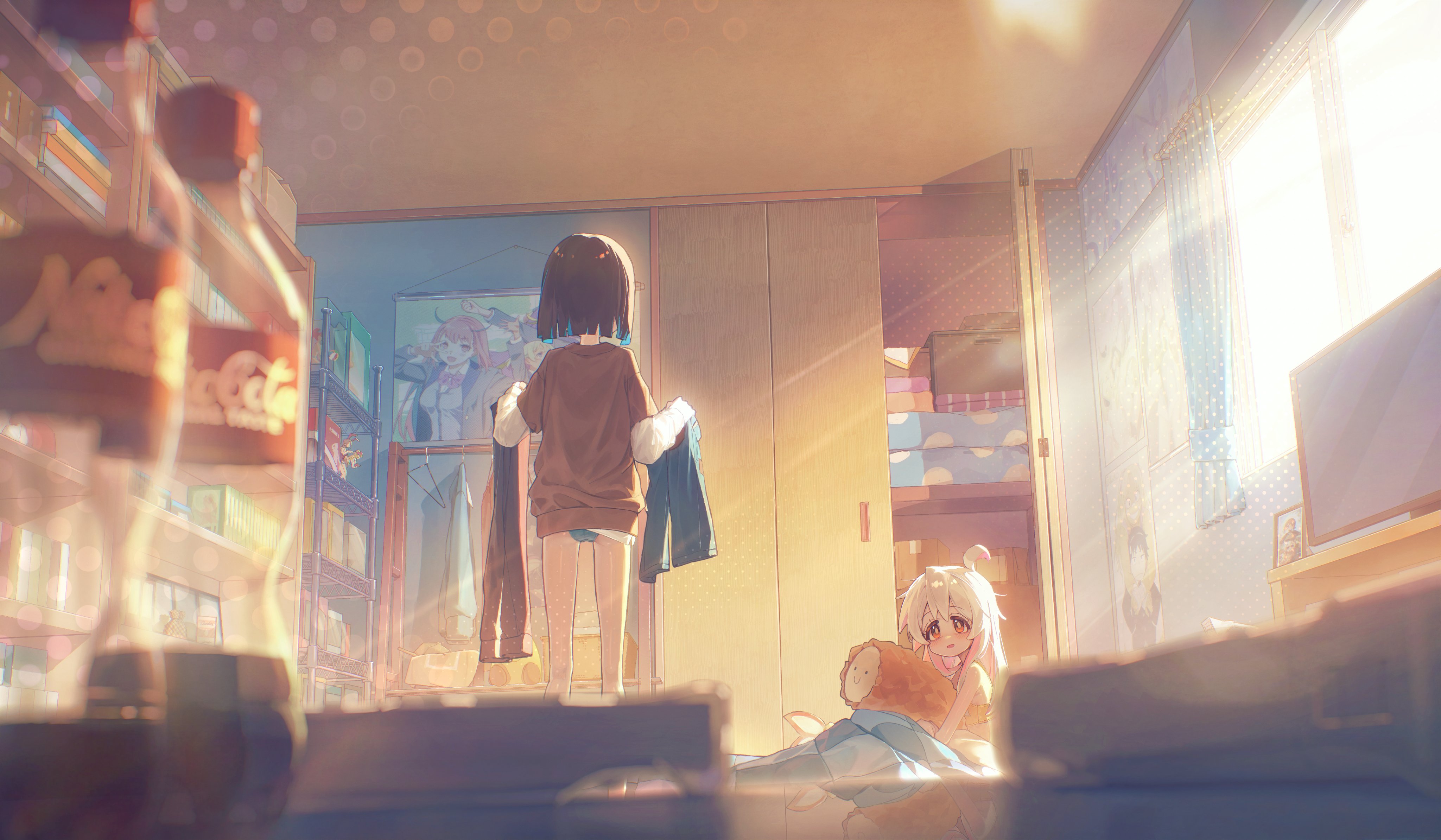ap04astral, hozuki momiji, oyama mahiro, onii-chan wa oshimai!, absurdres, commentary request, highres, 2girls, ahoge, bedroom, bottle, box, brown hair, c:, closet, clothes hanger, colored inner hair, curtains, full-length mirror, futon, holding pants, hugging doll, hugging object, indoors, light rays, long hair, looking at another, mirror, multicolored hair, multiple girls, no pants, panties, pants, pink hair, poster (object), shelf, sitting, slice of life, smile, soda bottle, standing, television, underwear, unworn pants, window