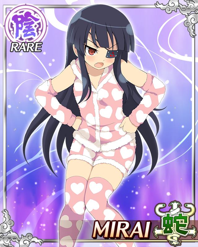 mirai (senran kagura), senran kagura, senran kagura new wave, game cg, official art, 1girl, :o, black hair, border, card (medium), character name, eyepatch, fang, flat chest, hands on own hips, heart, heart print, leaning forward, long hair, looking to the side, mitsudomoe (shape), pajamas, pink arm warmers, pink pajamas, pink shirt, pink shorts, pink thighhighs, red eyes, shirt, shorts, sleeveless, solo, thighhighs, tomoe (symbol)