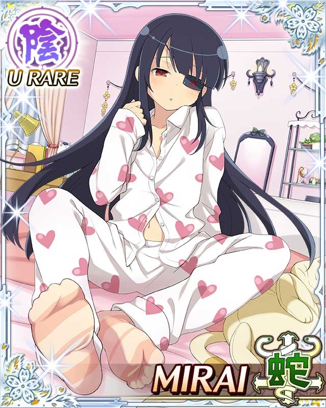 mirai (senran kagura), senran kagura, senran kagura new wave, game cg, official art, 1girl, bedroom, black hair, border, card (medium), character name, closed mouth, dot mouth, eyepatch, flat chest, heart, heart print, long hair, looking at viewer, midriff peek, mitsudomoe (shape), navel, on bed, oversized clothes, oversized shirt, pajamas, pants, red eyes, shirt, socks, solo, stuffed animal, stuffed cat, stuffed toy, tomoe (symbol), white pajamas, white pants, white shirt