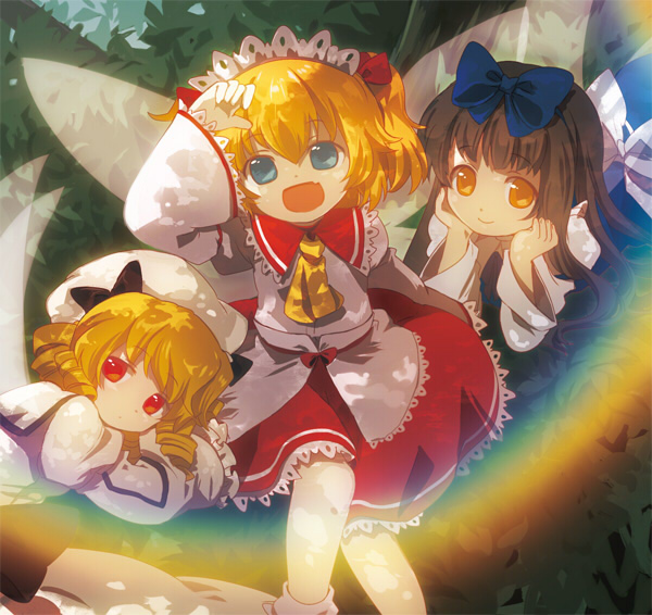 chaba (hortensia), luna child, star sapphire, sunny milk, perfect memento in strict sense, touhou, 3girls, blonde hair, blue eyes, bow, brown hair, drill hair, fairy, female focus, hair bow, hat, long hair, multiple girls, red eyes, short hair, sitting, twintails, wings, yellow eyes