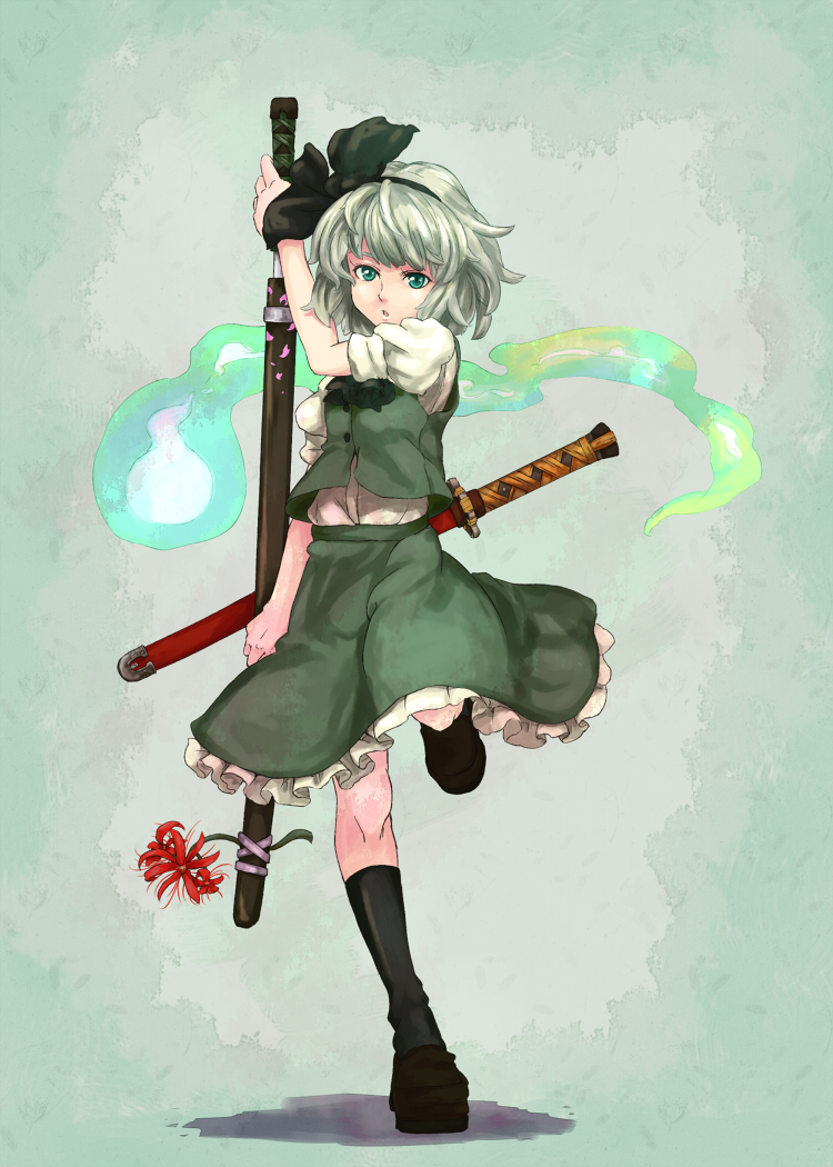 shibasaki shouji, konpaku youmu, konpaku youmu (ghost), touhou, silver hair, bad id, bad pixiv id, 1girl, aqua eyes, female focus, full body, ghost, hairband, hitodama, katana, sheath, sheathed, short hair, solo, standing, standing on one leg, sword, weapon