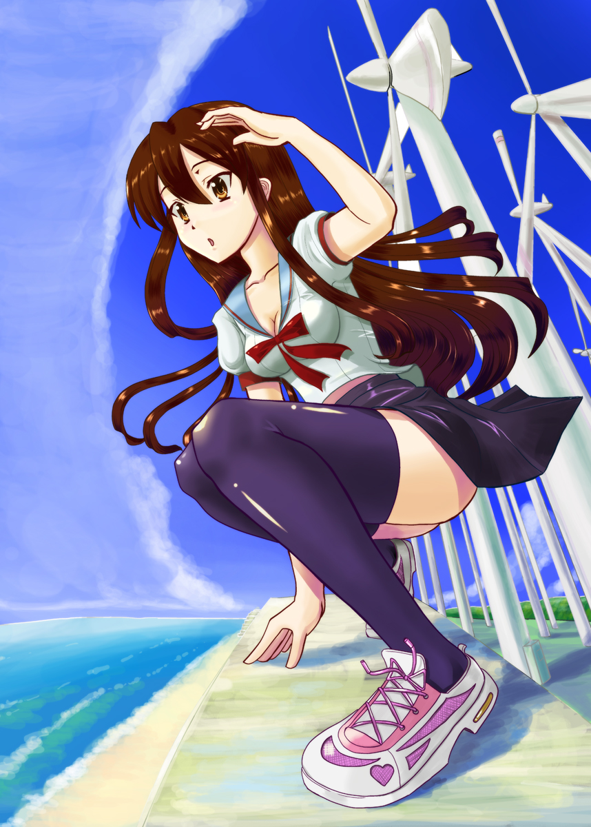 souma nouma, original, bad id, bad pixiv id, highres, 1girl, beach, breasts, brown hair, cleavage, day, female focus, full body, heart, long hair, ocean, outdoors, school uniform, shoes, sky, sneakers, solo, thighhighs, water, wind farm, wind turbine, windmill