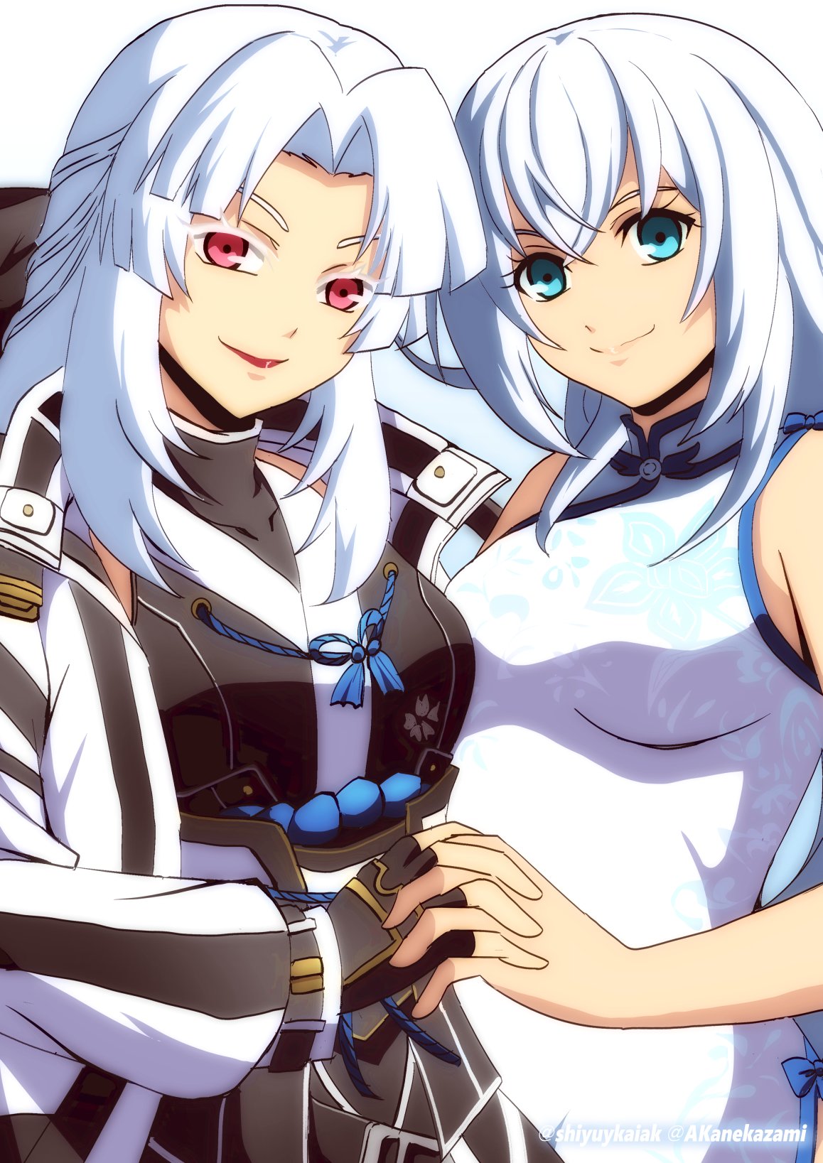 akane kazami, shizuna rem misurugi, eiyuu densetsu, kuro no kiseki (series), original, commentary, commission, english commentary, highres, second-party source, 2girls, black gloves, blue eyes, bob cut, breasts, cherry blossom print, cherry blossoms, china dress, chinese clothes, closed mouth, cosplay, costume switch, crossed bangs, curtained hair, double-parted bangs, dress, fingerless gloves, floral print, gloves, hair between eyes, interlocked fingers, jacket, large breasts, multiple girls, open clothes, open jacket, parted bangs, parted lips, red eyes, sleeveless, sleeveless dress, smile, twitter username, upper body, white hair