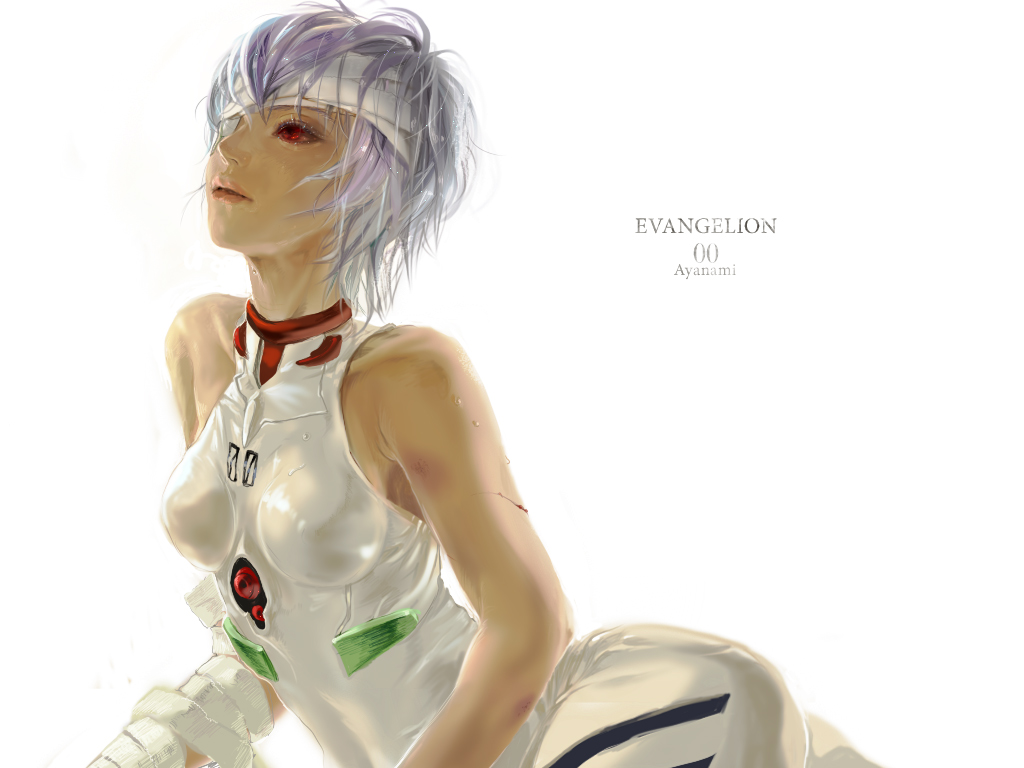 8981, ayanami rei, neon genesis evangelion, bad id, bad pixiv id, 1girl, bandage over one eye, bandages, bare shoulders, blood, blue hair, breasts, female focus, mecha pilot suit, medium breasts, plugsuit (evangelion), red eyes, short hair, solo