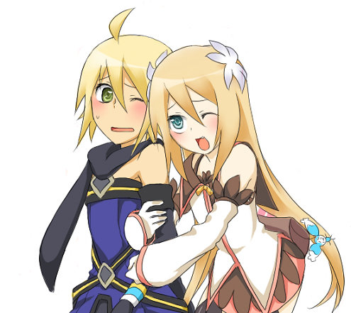emil castagnier, marta lualdi, tales of (series), tales of symphonia, tales of symphonia: dawn of the new world, lowres, 00s, 1boy, 1girl, blonde hair, blue eyes, blush, brown hair, couple, flower, gloves, green eyes, hair ornament, hetero, hug, long hair, one eye closed, scarf, smile, wink