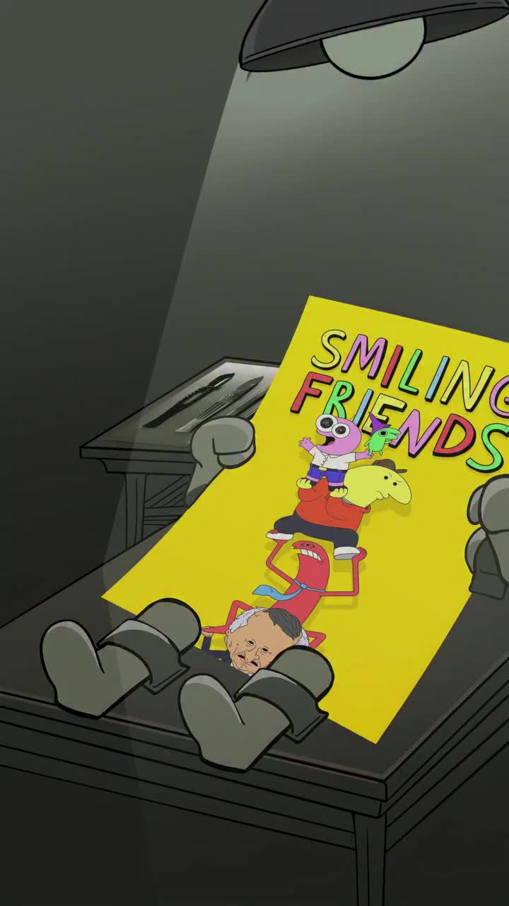 aioi yuuko, charlie (smiling friends), glep (smiling friends), minakami mai, mr. frog (smiling friends), naganohara mio, pim (smiling friends), professor shinonome, sakamoto (nichijou), nichijou, smiling friends, animated, character request, tagme, video, 2koma, bazooka, black hair, blue hair, comic, comparison, english text, glasses, opening, rocket launcher, surgeon, weapon