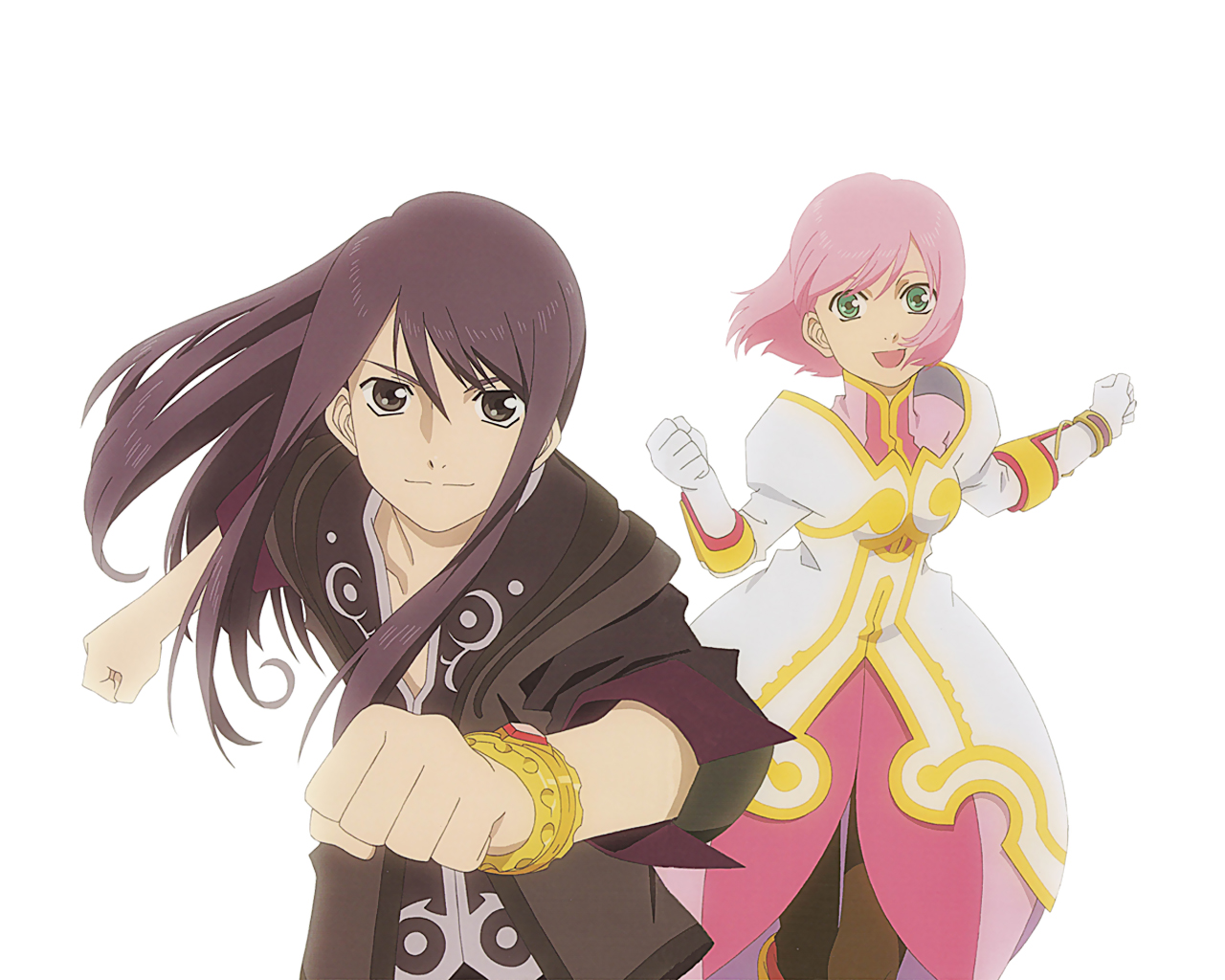 estellise sidos heurassein, yuri lowell, tales of (series), tales of vesperia, official art, 00s, 1boy, 1girl, black eyes, black hair, bracelet, gloves, green eyes, happy, jewelry, long hair, looking at viewer, pink hair, short hair, simple background, sleeves rolled up, smile, white background