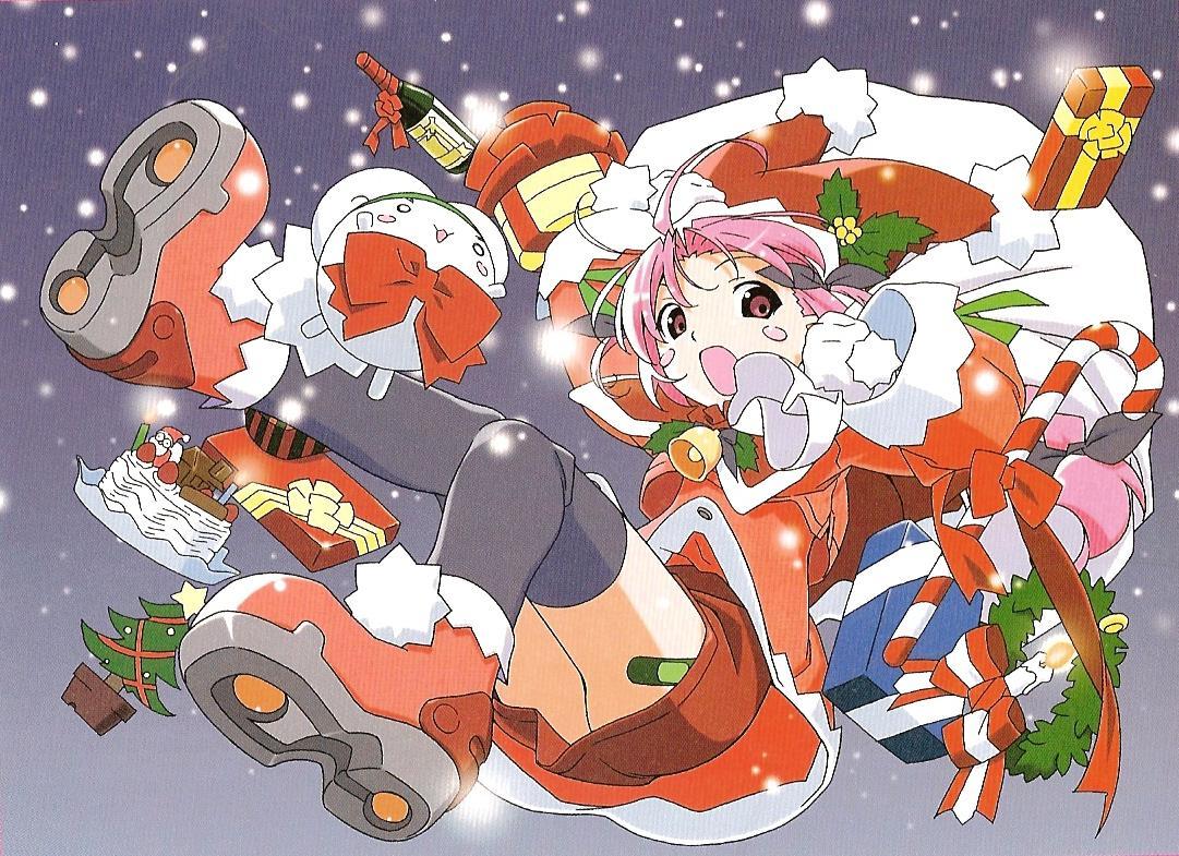 watanabe akio, mugimaru, nakahara komugi, nurse witch komugi-chan, scan, 00s, 1girl, :o, ankle boots, bandaid, bell, black thighhighs, blush stickers, boots, bottle, cake, candle, candy, candy cane, christmas, christmas tree, female focus, food, full body, gift, gloves, hair ribbon, hat, legs, long hair, long sleeves, looking at viewer, miniskirt, open mouth, pink eyes, pink hair, pom pom (clothes), red boots, ribbon, sack, santa costume, santa hat, skirt, snowing, solo, thighhighs, white gloves