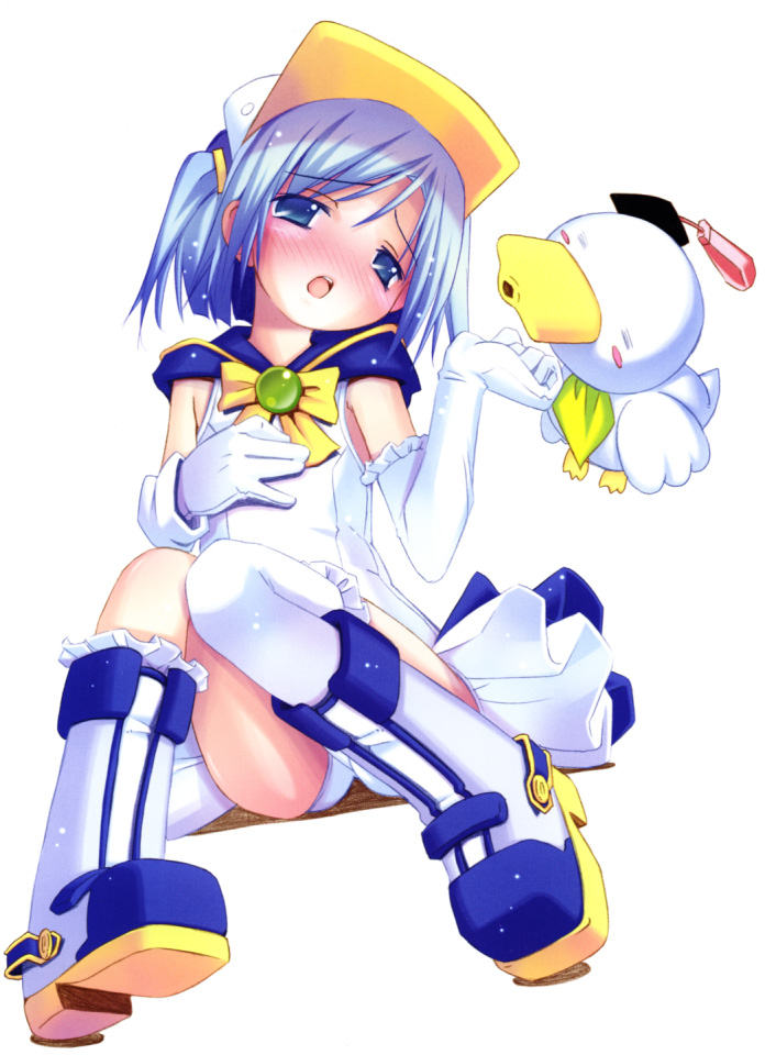 ah-kun, pastel ink, moetan, 00s, 1girl, ass, blue eyes, blue hair, blush, blush stickers, female focus, matching hair/eyes, one-piece swimsuit, open mouth, school swimsuit, sitting, solo, swimsuit, swimsuit costume, thighhighs, trefoil, white one-piece swimsuit, white school swimsuit