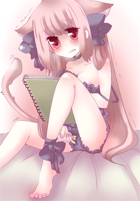 pecoe, bad id, bad pixiv id, 1girl, :|, animal ears, bed, blush, bra, bra pull, breasts, brown hair, cat ears, cat girl, cat tail, closed mouth, clothes pull, female focus, female masturbation, frills, lingerie, long hair, masturbation, nipple slip, nipples, panties, pen, red eyes, ribbon, sketchbook, small breasts, solo, sweat, tail, through panties, underwear, underwear only, very long hair