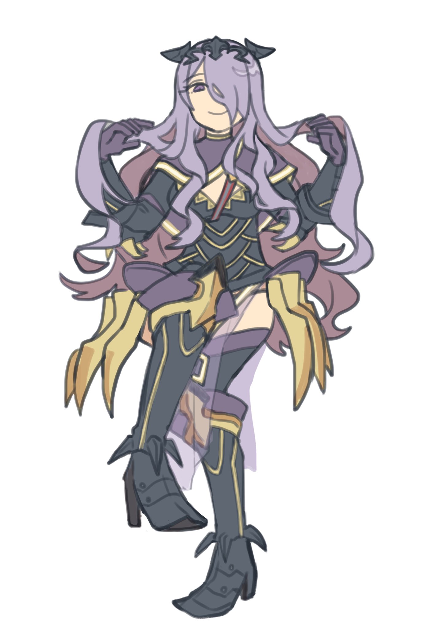 kita senju, camilla (fire emblem), fire emblem, fire emblem fates, nintendo, commentary request, highres, 1girl, armor, armored boots, boots, breasts, capelet, closed mouth, crown, demon horns, full body, greaves, hair over one eye, high heel boots, high heels, horns, large breasts, long hair, looking at viewer, parted bangs, purple eyes, purple hair, simple background, smile, solo, swept bangs, very long hair, white background