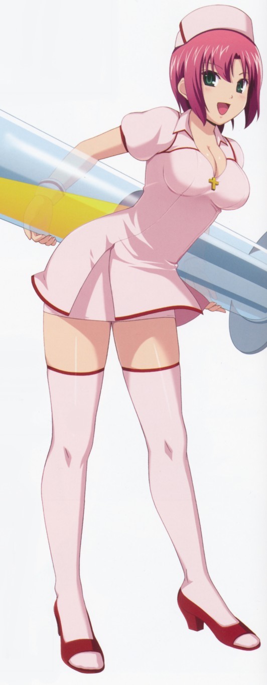 koutaro, rio rollins, super blackjack, highres, 1girl, breasts, cleavage, cross, female focus, green eyes, high heels, large breasts, large syringe, leaning forward, legs, nurse, open shoes, oversized object, red hair, short hair, solo, syringe, thighhighs