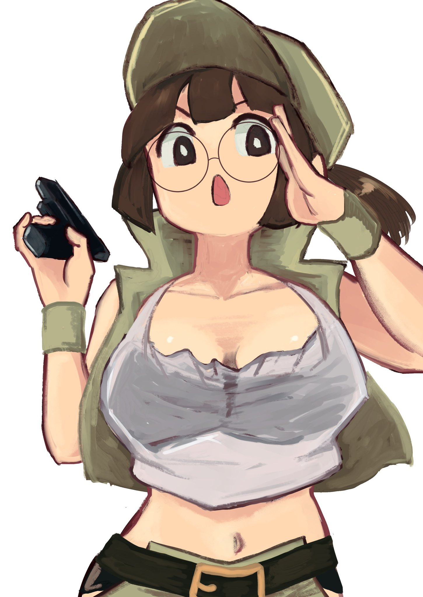tikuwabu 33, fio germi, metal slug, hashtag-only commentary, highres, belt, black bra, bra, brown eyes, brown hair, crop top, field cap, glasses, gun, hat, military, ponytail, round eyewear, salute, see-through clothes, see-through shirt, shirt, shorts, underwear, weapon, white background