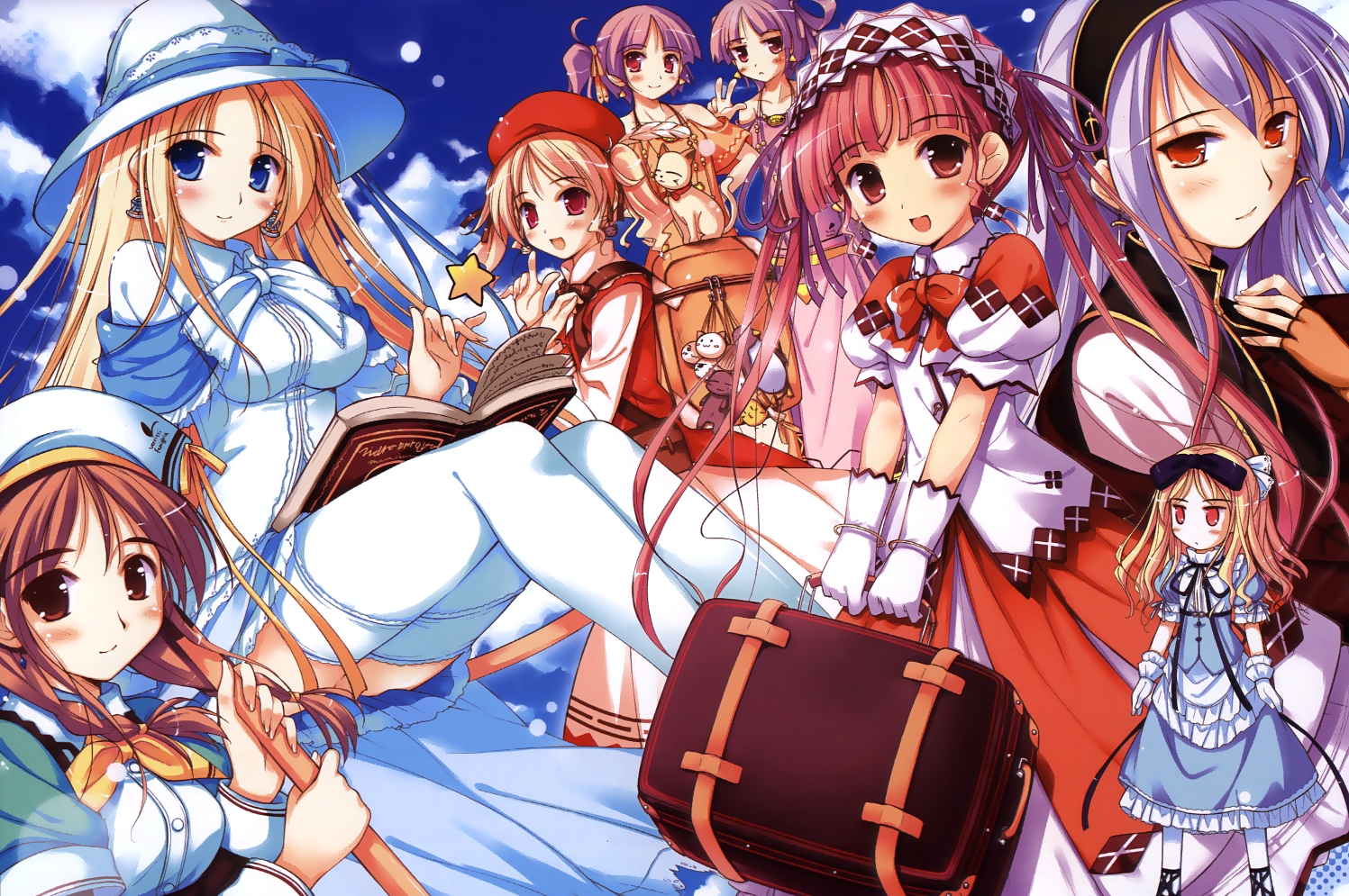 ko~cha, agnes boulange, avril (shukufuku no campanella), carina verritti, chelsea arcot, minette, nina lindberg, ritos tortilla, salsa tortilla, tango (shukufuku no campanella), shukufuku no campanella, light purple hair, 6+girls, blonde hair, blue eyes, blush, book, bow, braid, brown hair, cat, cloud, day, dress, earrings, gloves, hair bow, hairband, hat, jewelry, lolita fashion, long hair, multiple girls, pink hair, purple hair, red eyes, siblings, side ponytail, sitting, sky, smile, star (symbol), suitcase, thighhighs, twin braids, twins, twintails, v, white thighhighs