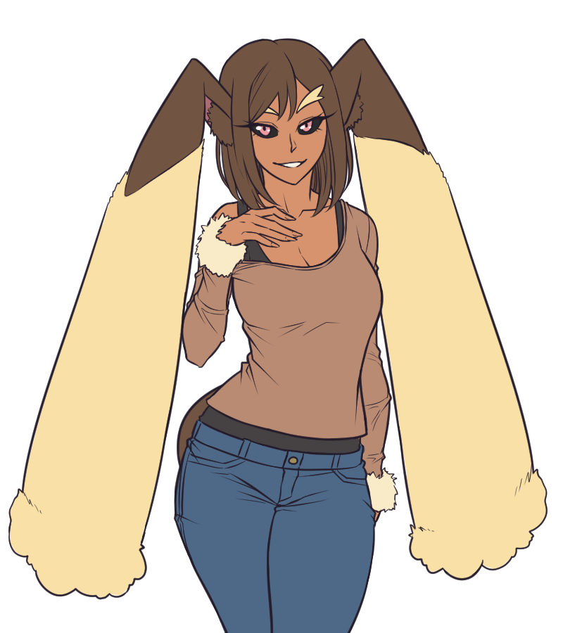 kirby otaku, lopunny, nintendo, pokemon, commentary, english commentary, 1girl, animal ears, black sclera, black tank top, blue pants, breast suppress, breasts, brown hair, brown shirt, cleavage, colored sclera, cowboy shot, dark-skinned female, dark skin, fingernails, fur-trimmed sleeves, fur trim, gen 4 pokemon, long sleeves, looking at viewer, medium breasts, pants, personification, pink eyes, rabbit ears, rabbit girl, rabbit tail, shirt, short hair, simple background, solo, tail, tank top, transparent background