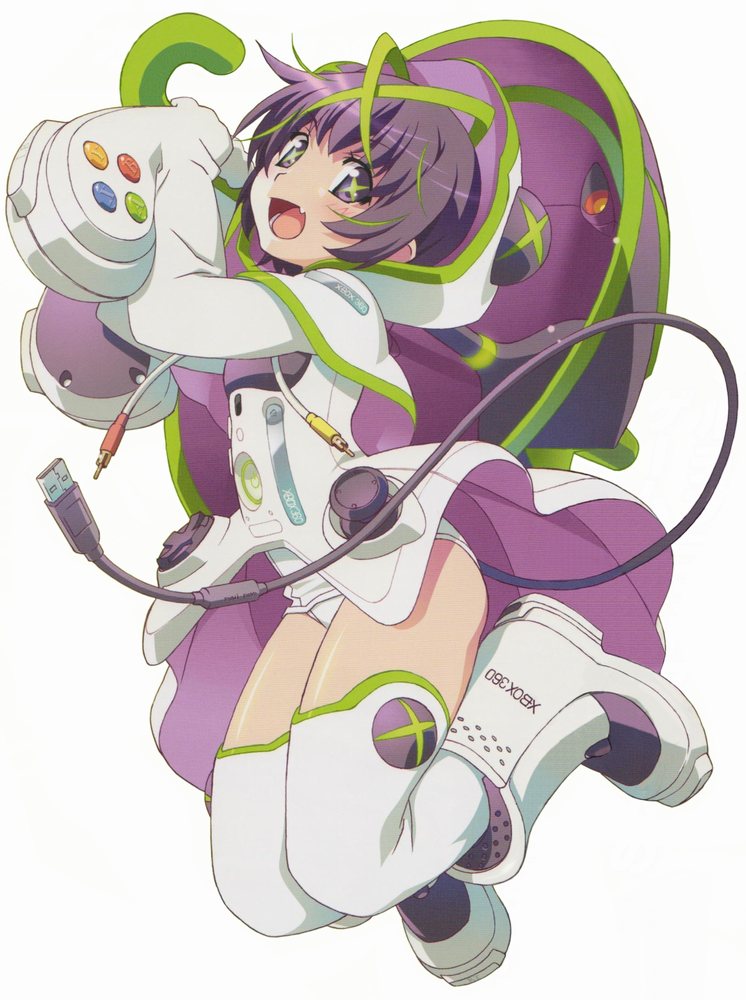 watanabe akio, xbox 360-tan, microsoft, 1girl, boots, cable, controller, fang, female focus, game console, game controller, gamepad, open mouth, personification, product girl, purple eyes, purple hair, rca connector, short hair, solo, thighhighs, umbrella, xbox 360