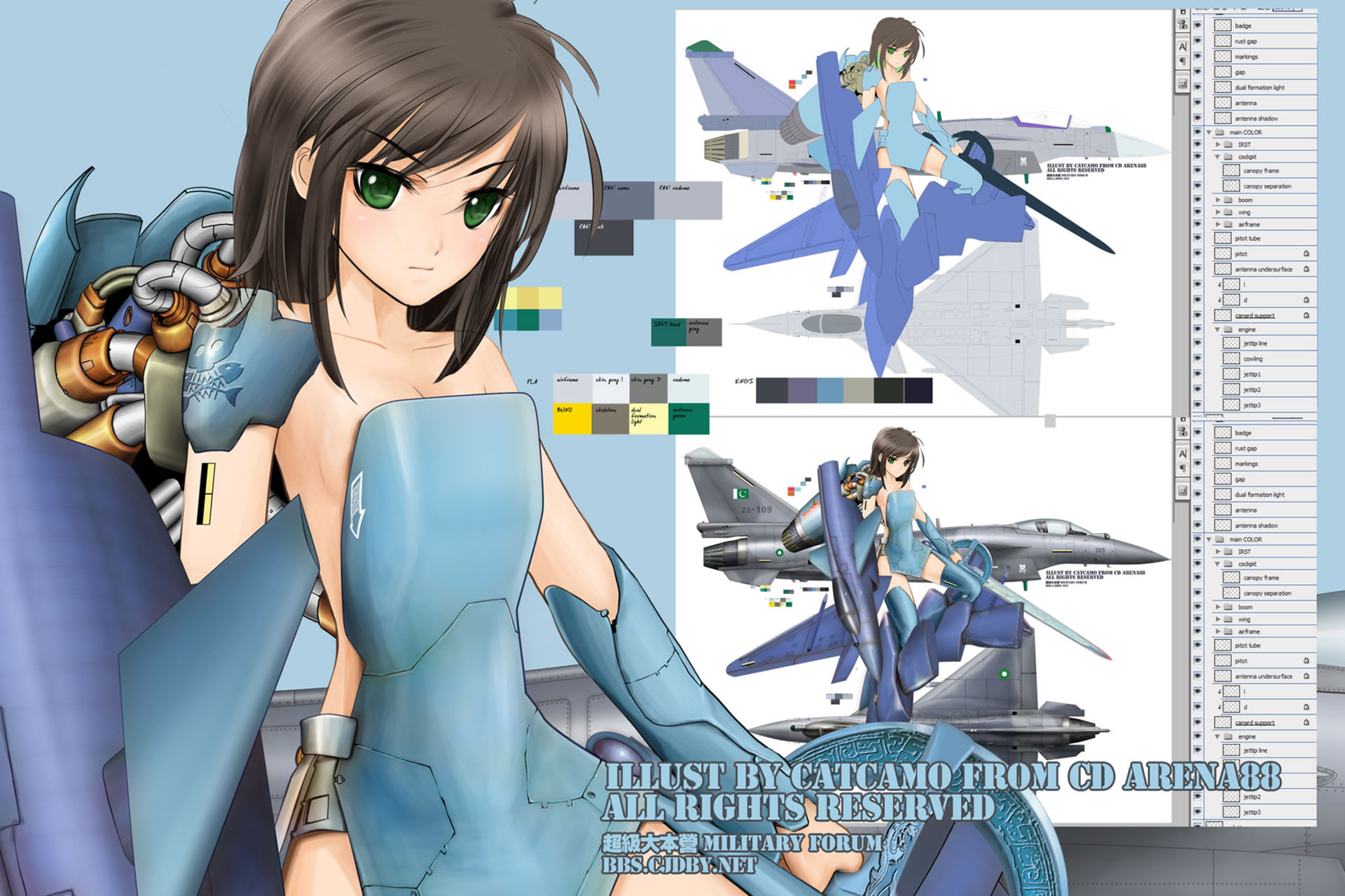 highres, 1girl, aircraft, airplane, black hair, canards, chengdu j-10, china, detached sleeves, female focus, flat chest, green eyes, mecha musume, pakistan, solo, sword, thighhighs, weapon