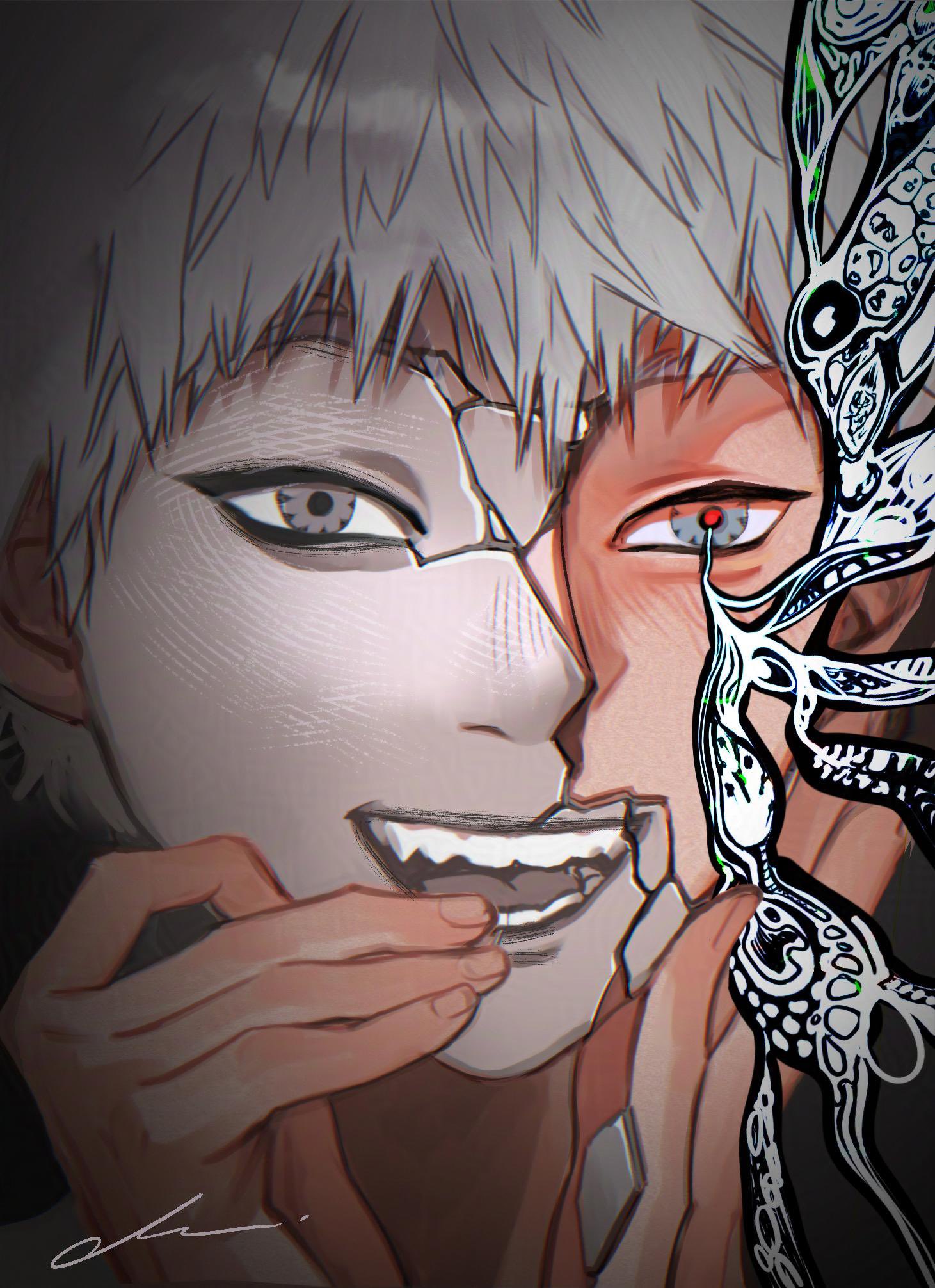 indou hikaru, hikaru ga shinda natsu, commentary, highres, symbol-only commentary, 1boy, ariannareborn, broken mask, cracked kawaii mask, cracked mask, male focus, mask, portrait, red pupils, short hair, signature, smile, solo, teeth, white hair