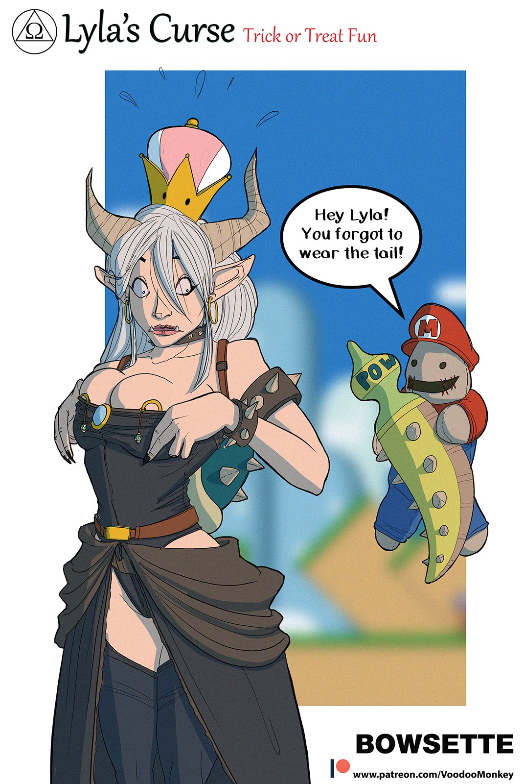 bowsette, mario, commentary, english commentary, highres, 1girl, anal beads, anal tail, bowsette (cosplay), breasts, butt plug, cosplay, cowboy shot, demon horns, fake tail, grey hair, halloween, horns, large breasts, lyla ailwind, mario (cosplay), nipple piercing, piercing, pointy ears, ring piercing, sex toy, socks, surprised, tail, voodoo doll, voodoo monkey