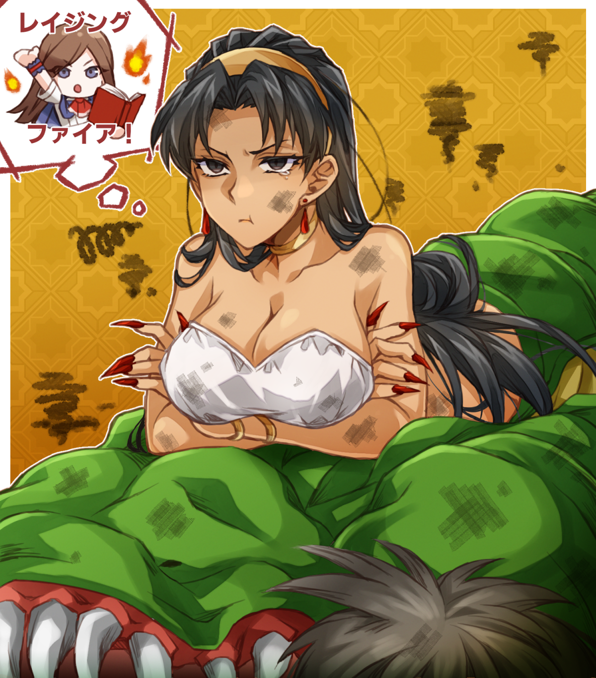user pjdc3332, amphisbaena (castlevania), charlotte aulin, castlevania: portrait of ruin, castlevania (series), commentary request, highres, 2girls, black eyes, black hair, blue eyes, book, bra, breasts, brown hair, burnt, casting spell, chibi, fingernails, fire, gold necklace, headband, holding, holding book, jewelry, lizard, long hair, lying, medium breasts, monster girl, multiple girls, necklace, pout, red nails, reptile girl, sharp fingernails, sharp teeth, shirt, speech bubble, spell, tears, teeth, thought bubble, underwear, very long hair, white bra, white shirt, yellow background