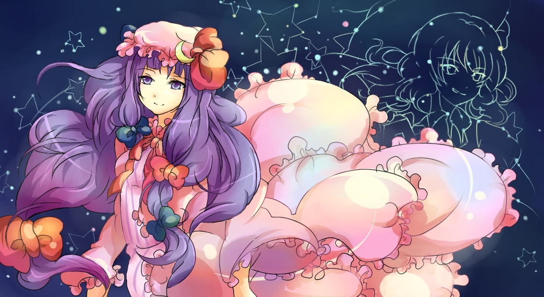 bronne, kirisame marisa, patchouli knowledge, touhou, bad id, bad pixiv id, 2girls, blue bow, blunt bangs, bow, expressionless, female focus, hair bow, hat, looking at viewer, mob cap, multi-tied hair, multiple girls, multiple hair bows, pink bow, purple eyes, purple hair, red bow, star (symbol)