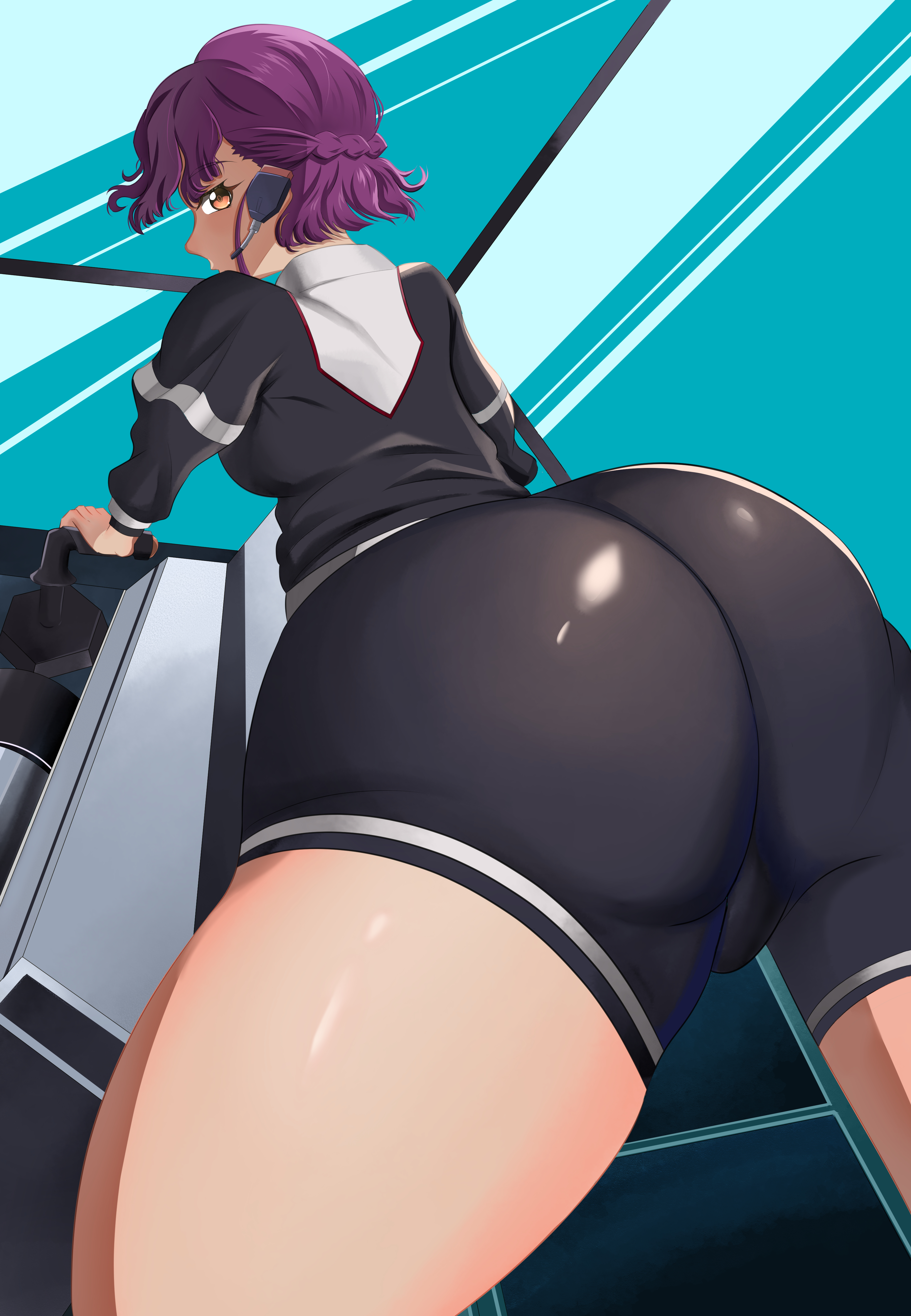 zaurusu dan, rutaka haruka, code geass, code geass: dakkan no roze, absurdres, commentary request, highres, 1girl, ass, ass focus, black shirt, black shorts, braid, brown eyes, cockpit, earpiece, huge ass, looking at viewer, lying, on back, purple hair, shirt, shorts, solo, thighs